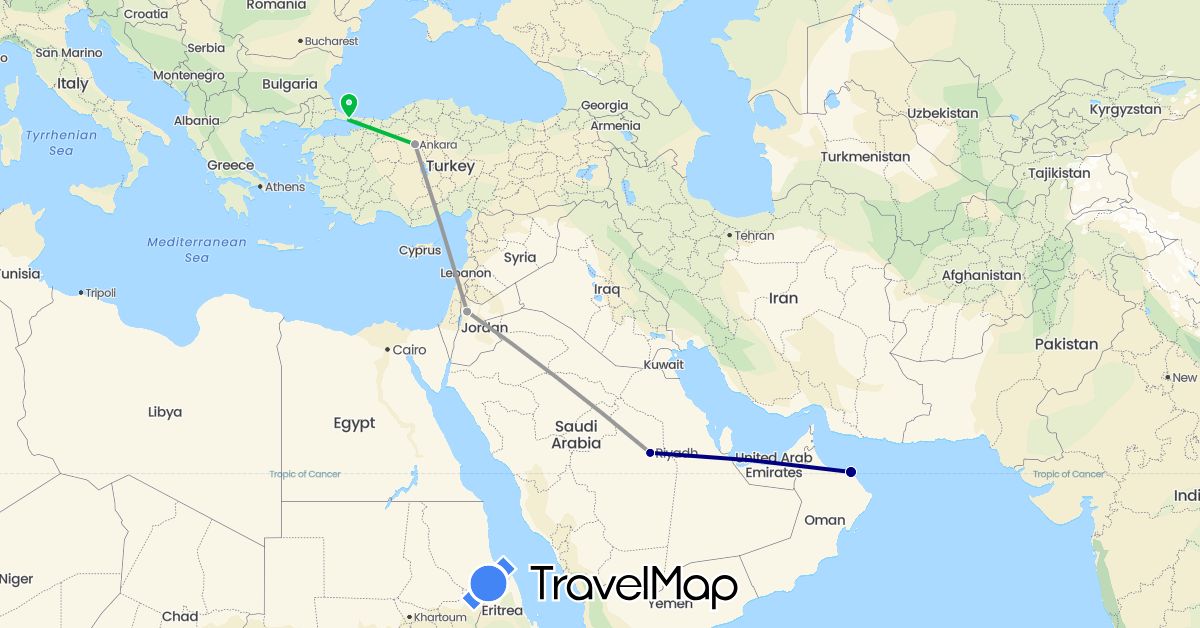 TravelMap itinerary: driving, bus, plane in Jordan, Oman, Saudi Arabia, Turkey (Asia)